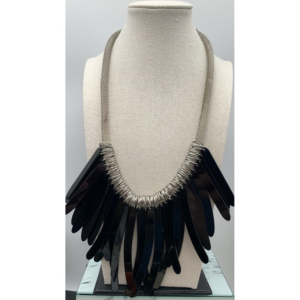 Silver Tone Mesh Necklace With Acrylic Dangles Modernist Statement Industrial